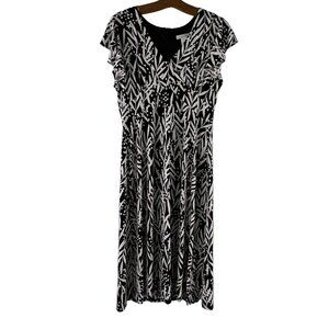 London Times Size 8 Midi Dress Black & White Leaf Print Ruffle Sleeves Church